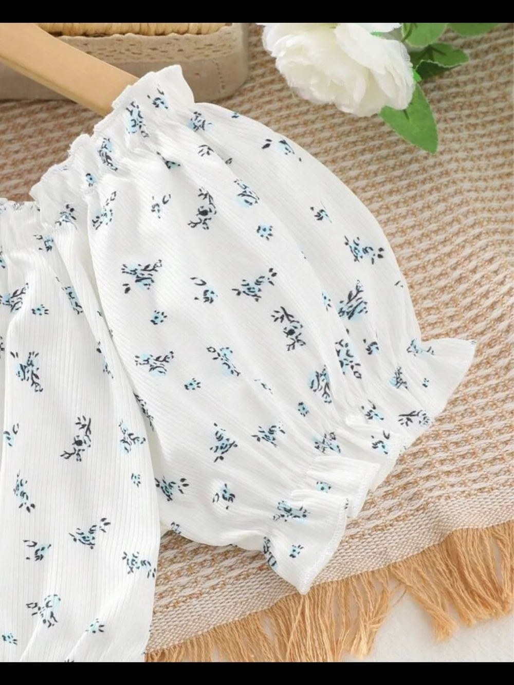 White Floral Puff-Sleeve Top & Light Blue Denim Skirt Kids Matching Set